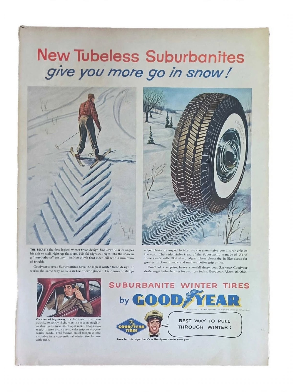 Vintage 1950s Goodyear Suburbanite Winter Tires Tubeless Print Ad Size 13.5"×19